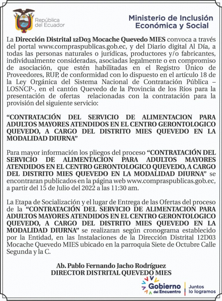 CONVOCATORIA, DIRECCION DISTRITAL 12D03 MOCACHE QUEVEDO MIES