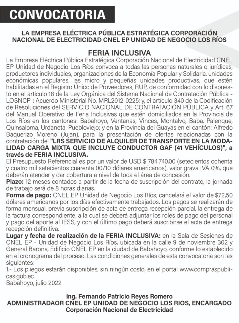 CONVOCATORIA DE LA EMPRESA ELÉCTRICA PÚBLICA CNEL EP A FERIA INCLUSIVA