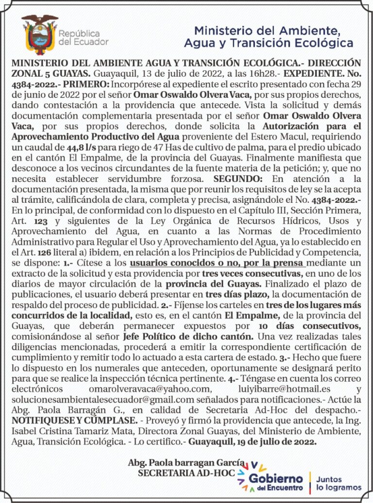 Ministerio del Ambiente, Agua y Transición Ecológica – EXPEDIENTE. No. 4384-2022