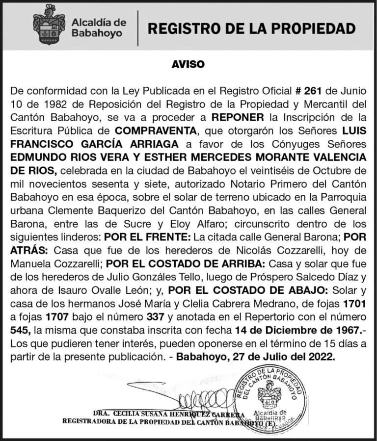 AVISO DEL REGISTRO DE LA PROPIEDAD DEL CANTÓN BABAHOYO