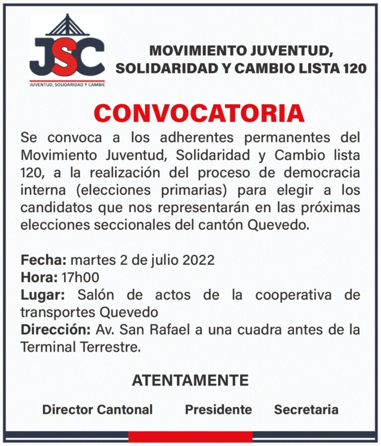 CONVOCATORIA DEL MOVIMIENTO JUVENTUD, SOLIDARIDAD Y CAMBIO, LISTA 120