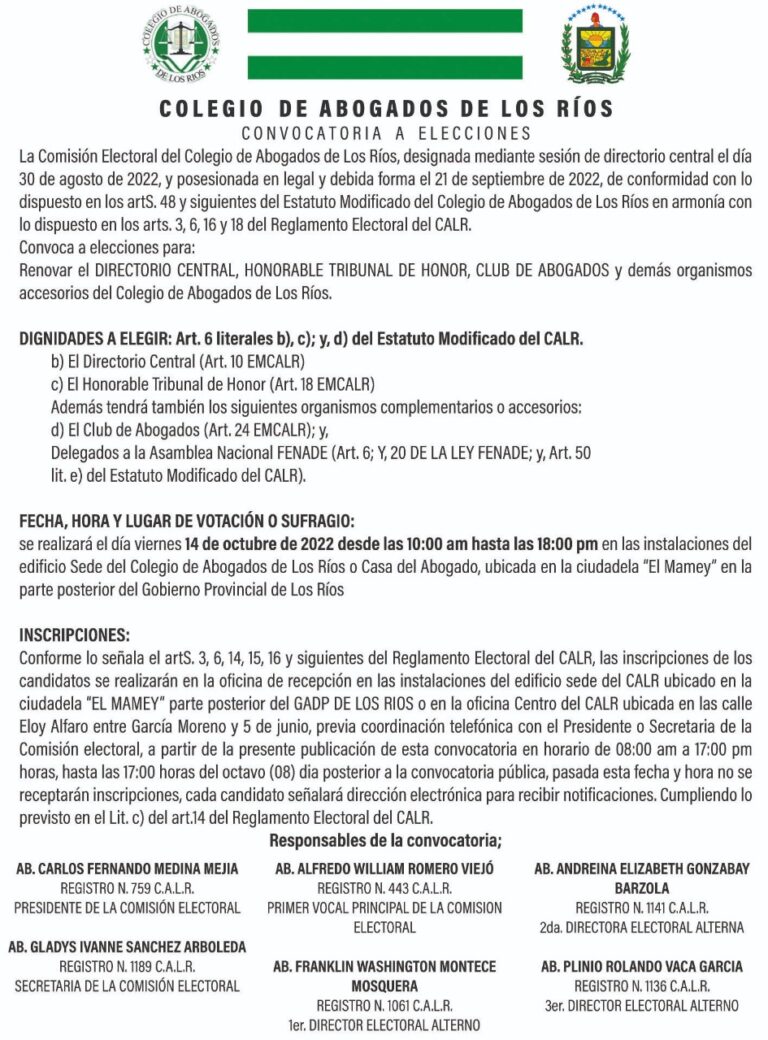 CONVOCATORIA A ELECCIONES DE EL COLEGIO DE ABOGADOS DE LOS RIOS