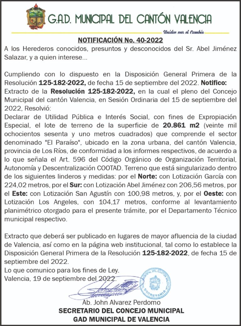 NOTIFICACIÓN INDIVIDUALIZADA NO. 40-2022 DEL G.A.D MUNICIPAL DEL CANTÓN VALENCIA