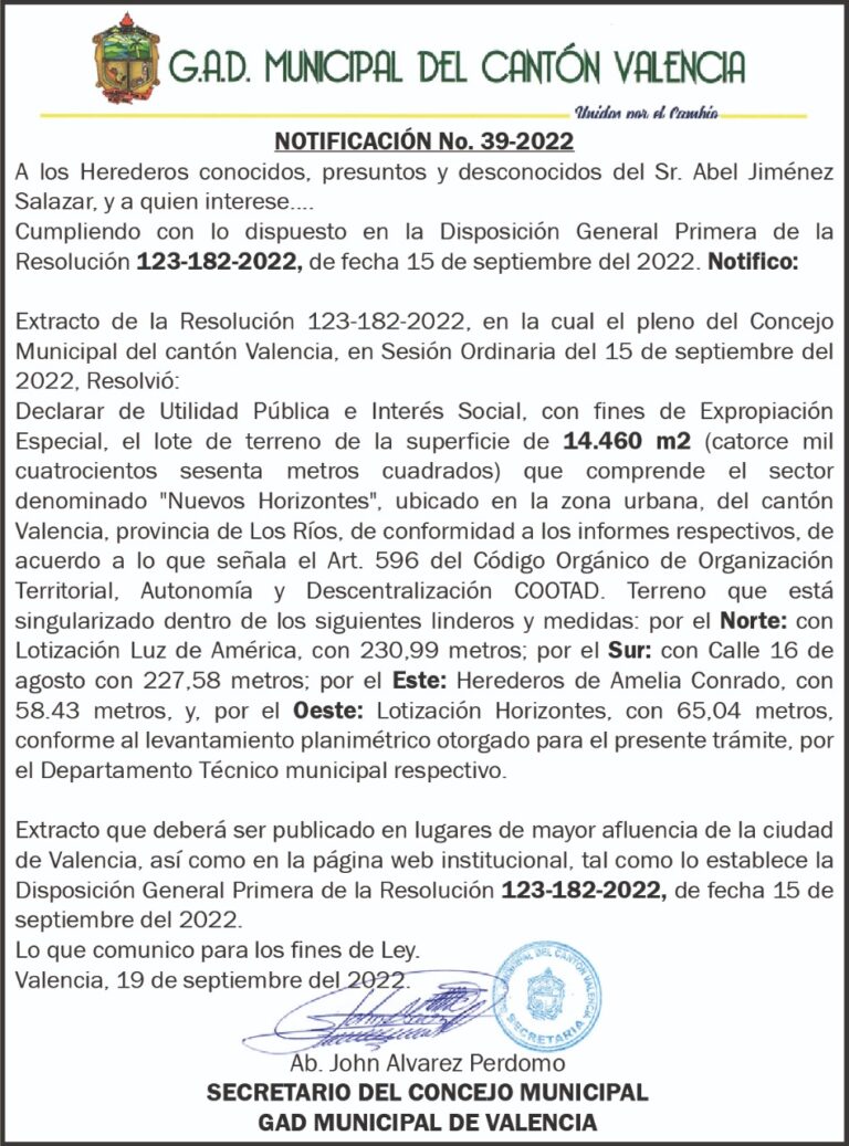 NOTIFICACIÓN INDIVIDUALIZADA NO. 39-2022 DEL G.A.D MUNICIPAL DEL CANTÓN VALENCIA