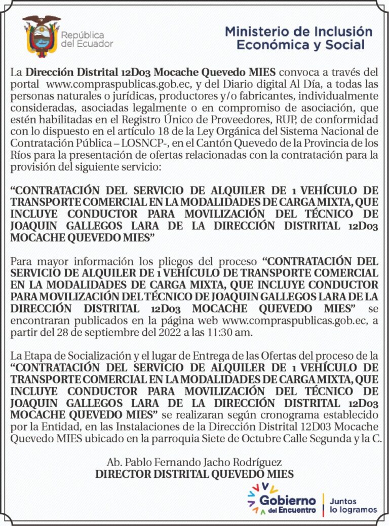 CONVOCATORIA, DIRECCION DISTRITAL 12D03 MOCACHE QUEVEDO MIES