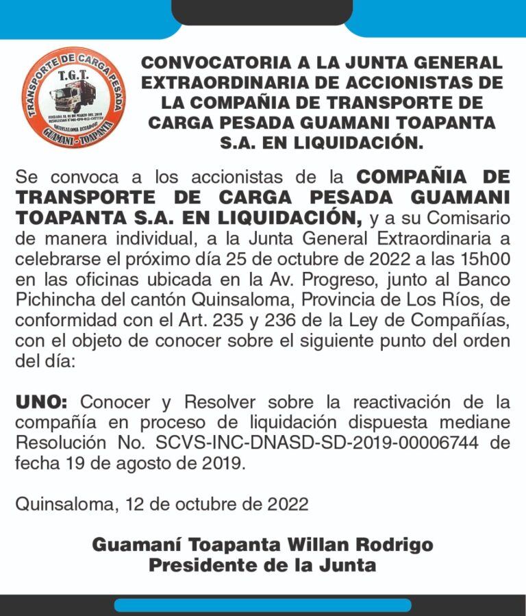 CONVOCATORIA DE LA COMPAÑIA DE TRANSPORTES DE CARGA PESADA GUAMANI TOAPANTA S.A