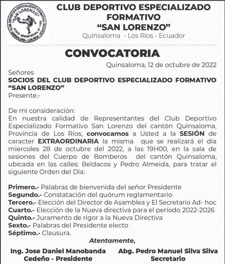 CONVOCATORIA DEL CLUB DEPORTIVO ESPECIALIZADO FORMATIVO «SAN LORENZO»