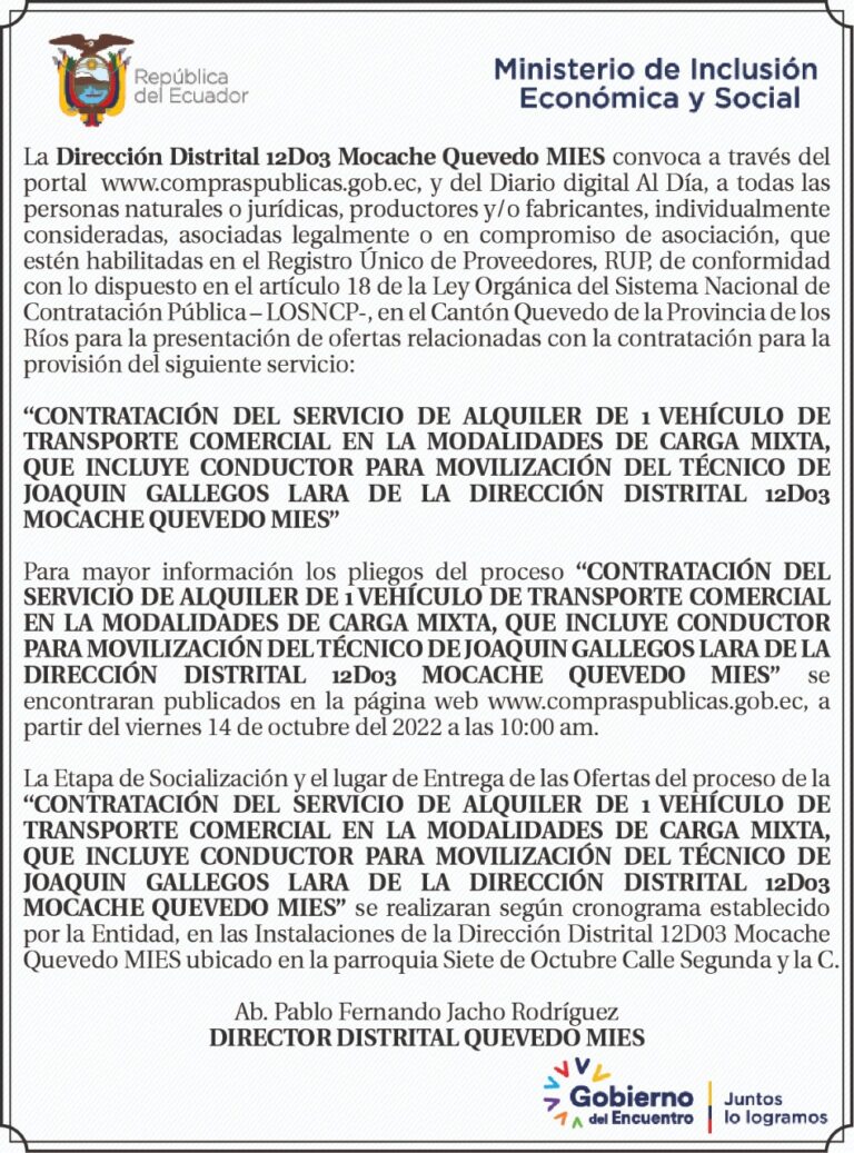 CONVOCATORIA, DIRECCION DISTRITAL 12D03 MOCACHE QUEVEDO MIES