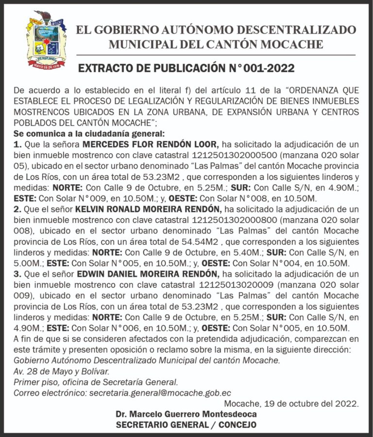 EXTRACTOS DE PUBLICACIÓN  DE EL GOBIERNO AUTÓNOMO DESCENTRALIZADO MUNICIPA DEL CANTÓN MOCACHE