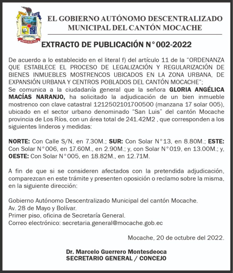 EXTRACTO DE PUBLICACIÓN No.1212502101700500 DE EL GOBIERNO AUTÓNOMO DESCENTRALIZADO MUNICIPA DEL CANTÓN MOCACHE