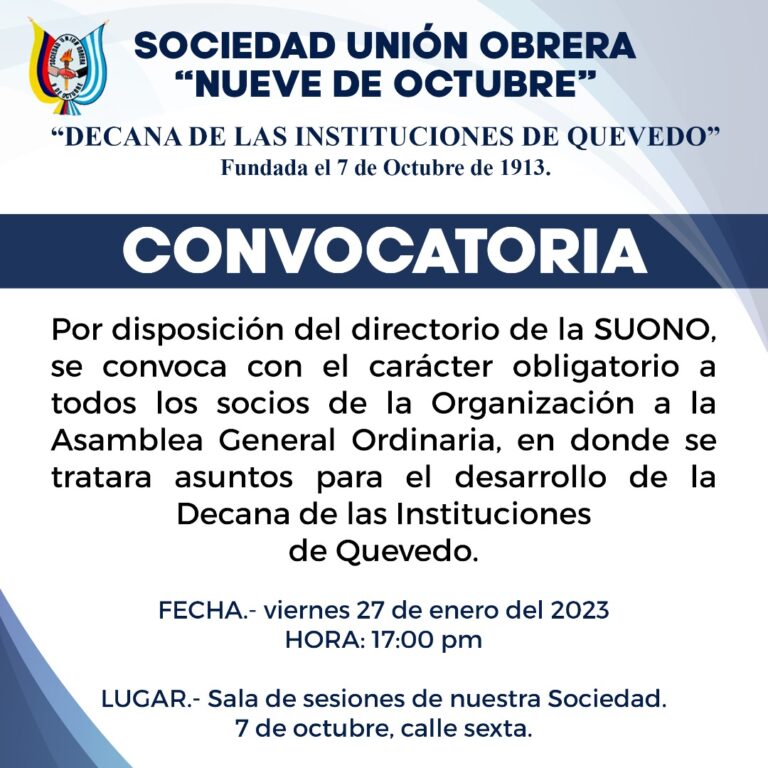 CONVOCATORIA DE LA SOCIEDAD UNION OBRERA ´´NUEVE DE OCTUBRE´´