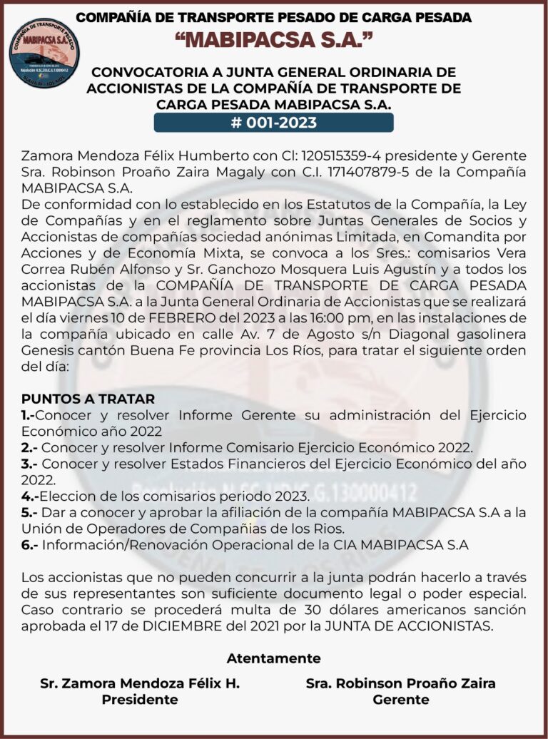 CONVOCATORIA DE LA COMPAÑIA DE TRANSPORTE PESADO DE CARGA PESADA MABIPACSA S.A