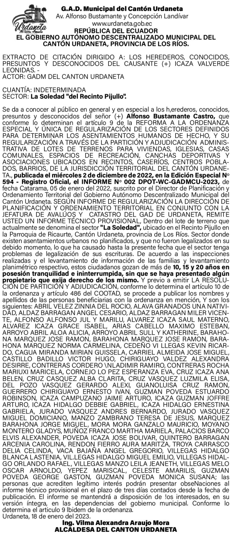 EXTRACTO DE CITACION DEL GADM DEL CANTON URDANETA SECTOR LA SOLEDAD DEL RECINTO PIJULLO