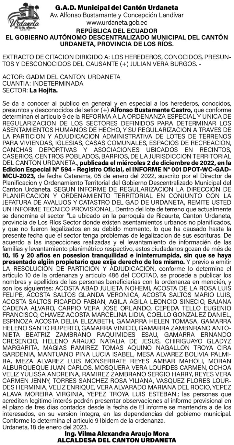 EXTRACTO DE CITACION DEL GADM DEL CANTON URDANETA SECTOR LA HOJITA