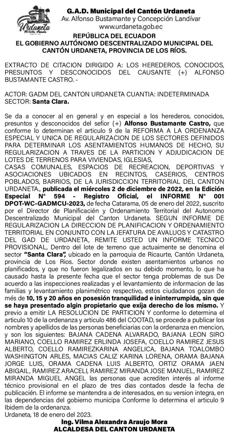 EXTRACTO DE CITACION DEL GADM DEL CANTON URDANETA SECTOR SANTA CLARA