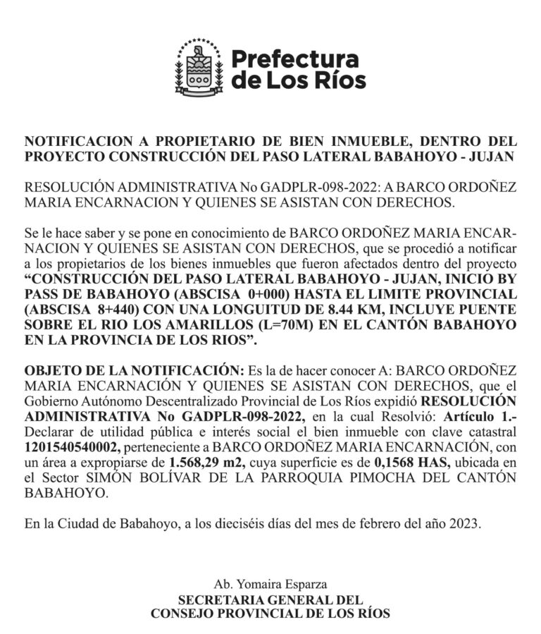 NOTIFICACION DE LA PREFECTURA DE LOS RIOS: SECTOR SIMON BOLIVAR DE LA PARROQUIA PIMOCHA DEL CANTON BABAHOYO