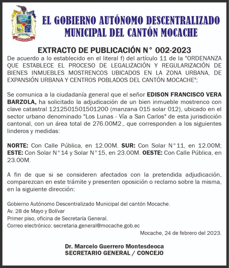 EXTRACTO DE PUBLICACIÓN N.002-2023 DE EL GOBIERNO AUTÓNOMO DESCENTRALIZADO MUNICIPA DEL CANTÓN MOCACHE