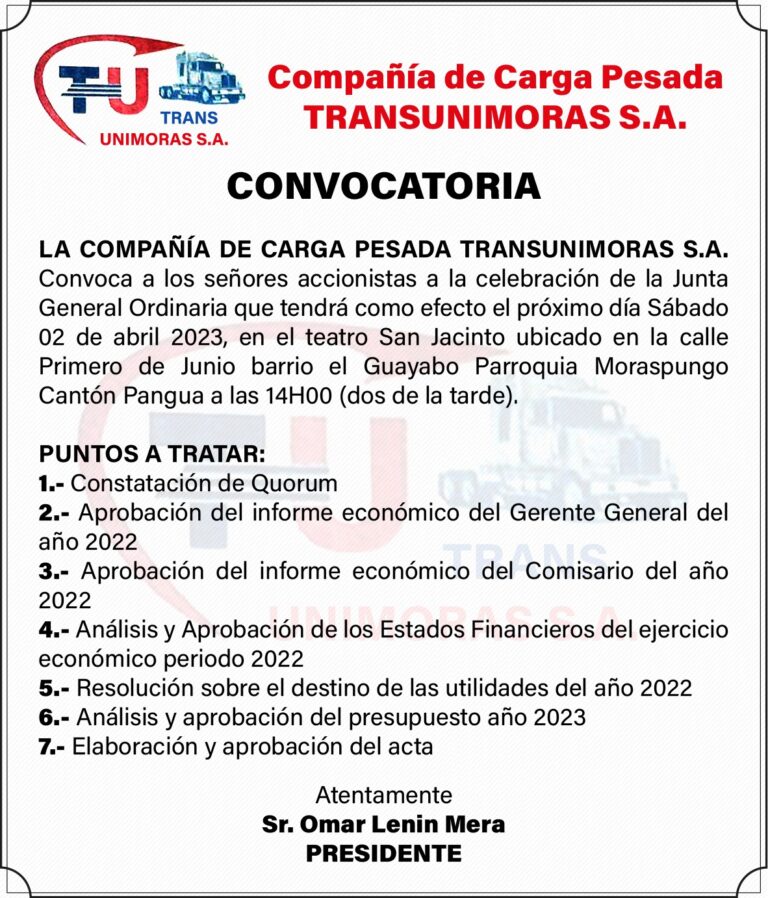 CONVOCATORIA DE LA COMPAÑIA DE CARGA PESADA TRANSUNIMORAS S.A