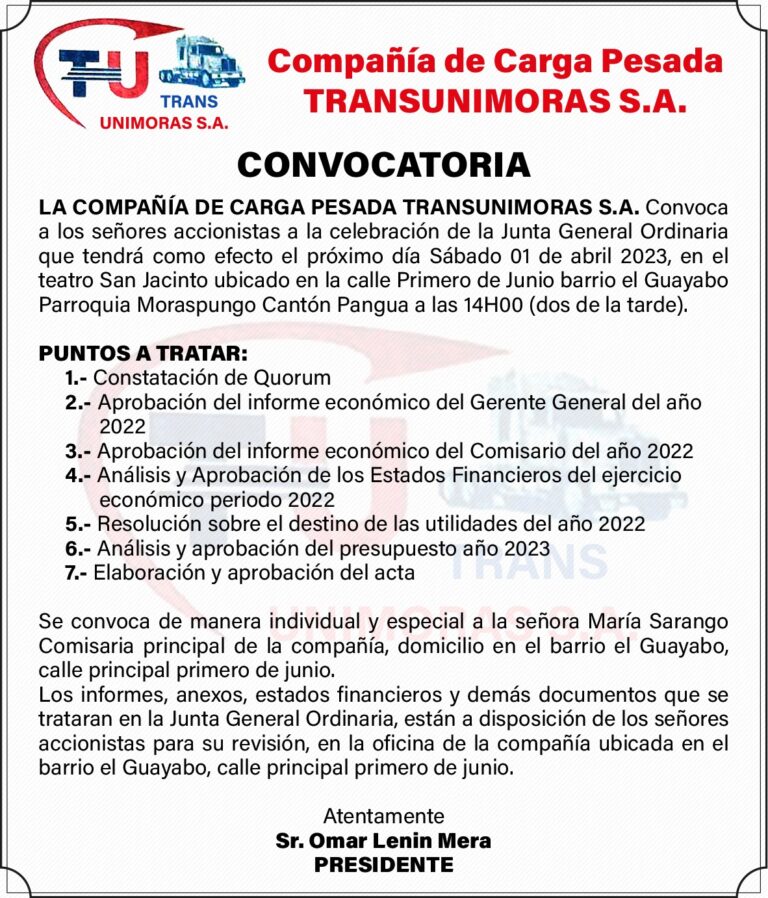 CONVOCATORIA DE LA COMPAÑIA DE CARGA PESADA TRANSUNIMORAS S.A