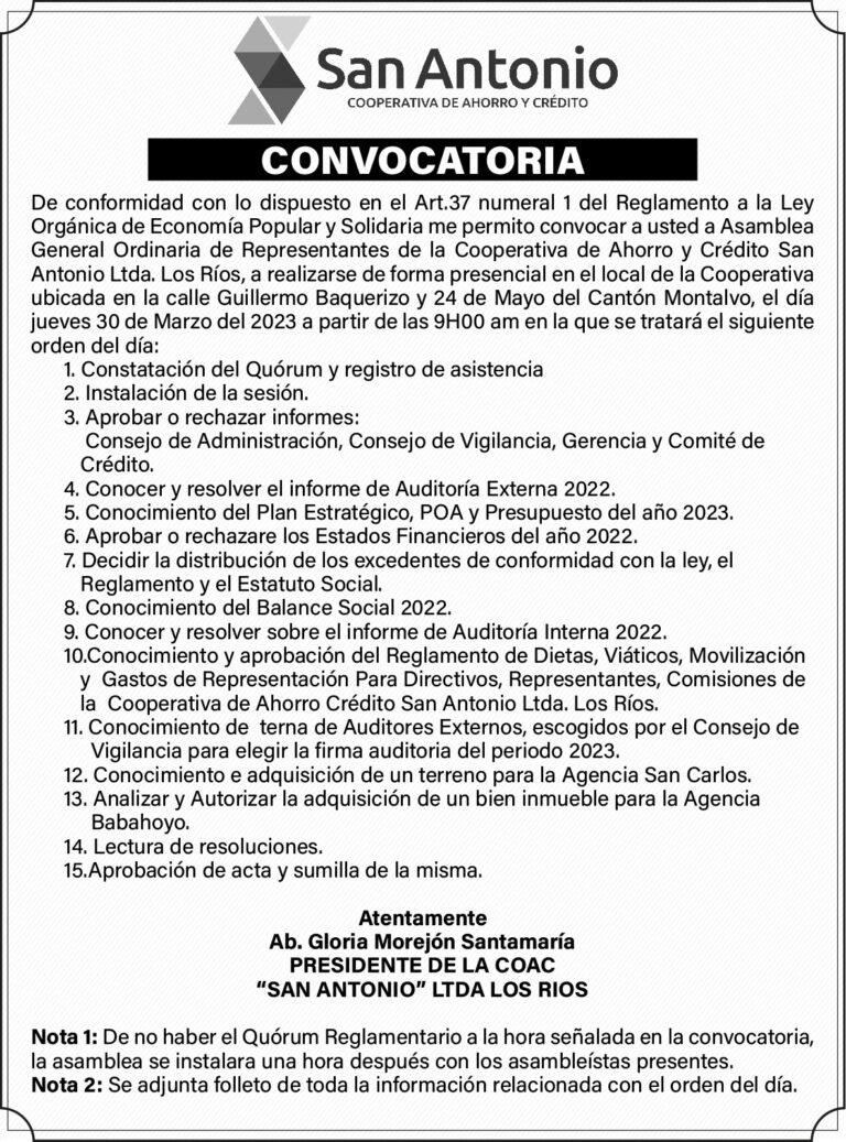 CONVOCATORIA DE LA COOPERATIVA DE AHORRO Y CREDITO SAN ANTONIO