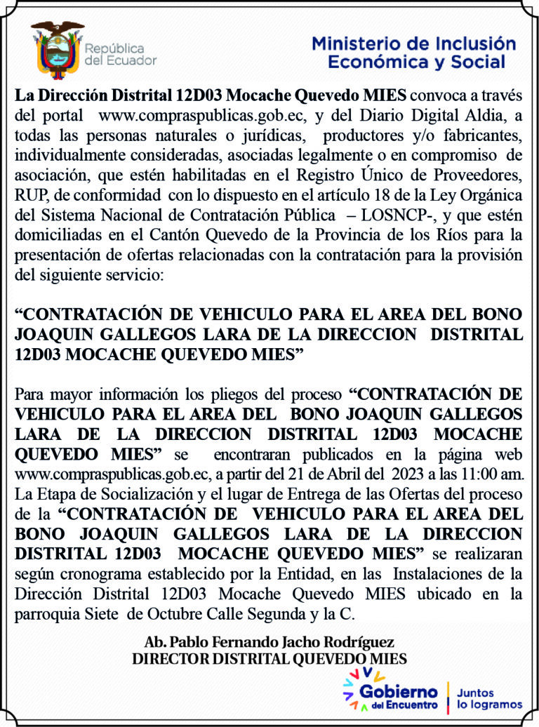 CONVOCATORIA DE LA DIRECCION DISTRITAL 12D03 MOCACHE-QUEVEDO MIES