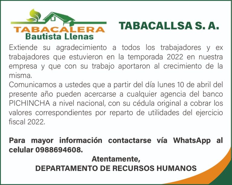 CONVOCATORIA DE LA TABACALERA BAUTISTA LLENAS-TABACALLSA S.A