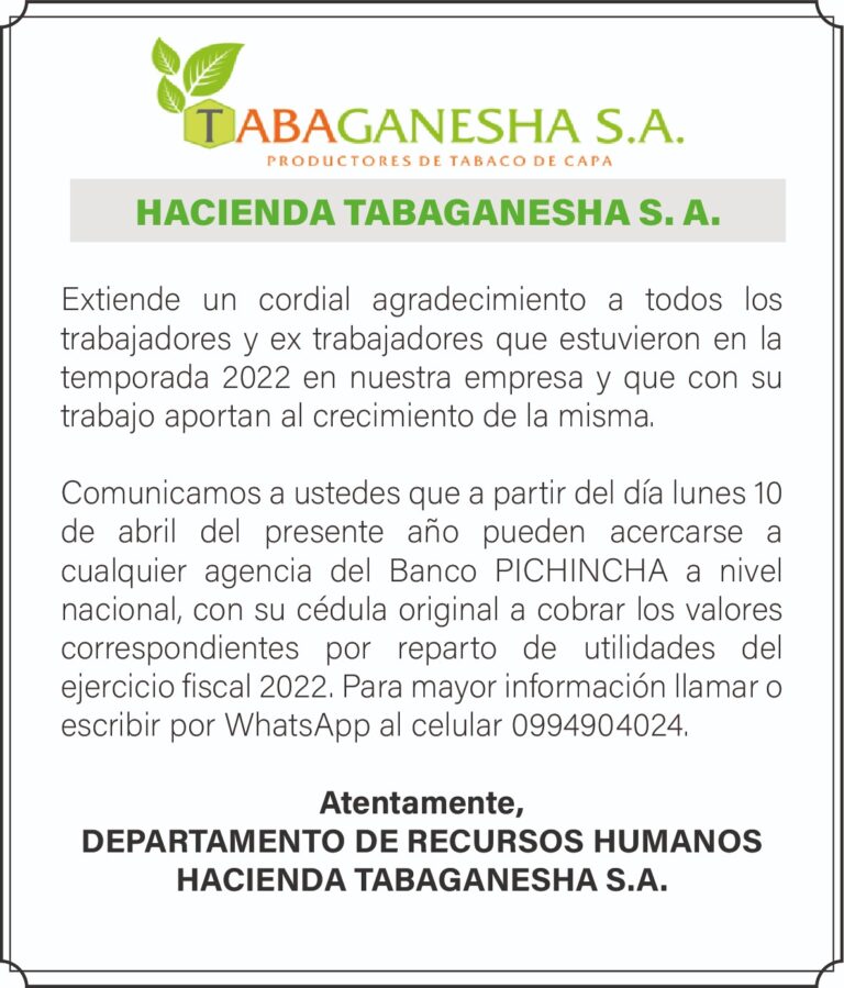 CONVOCATORIA DE LA HACIENDA TABAGANESHA S.A.