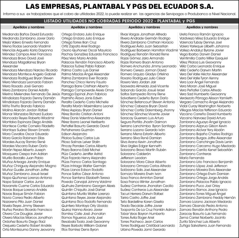 CONVOCATORIA DE LAS EMPRESAS: PLANTABAL Y PGS DEL ECUADOR S.A.