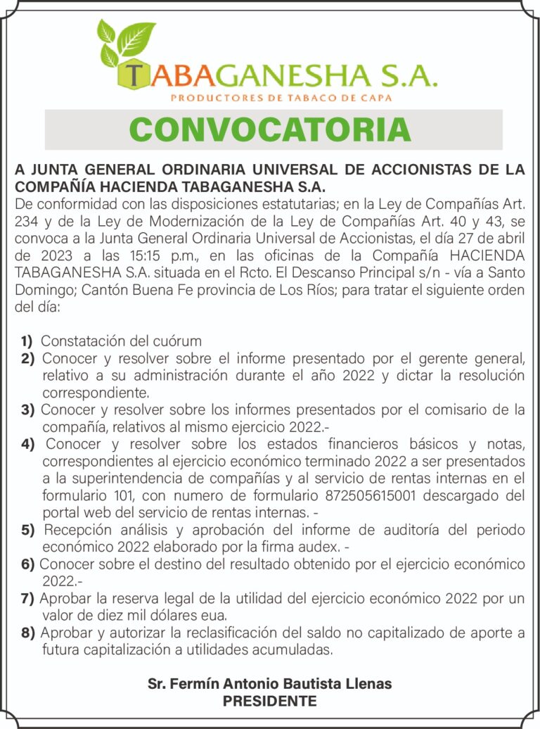 CONVOCATORIA A JUNTA GENERAL DE LA HACIENDA TABAGANESHA S.A.