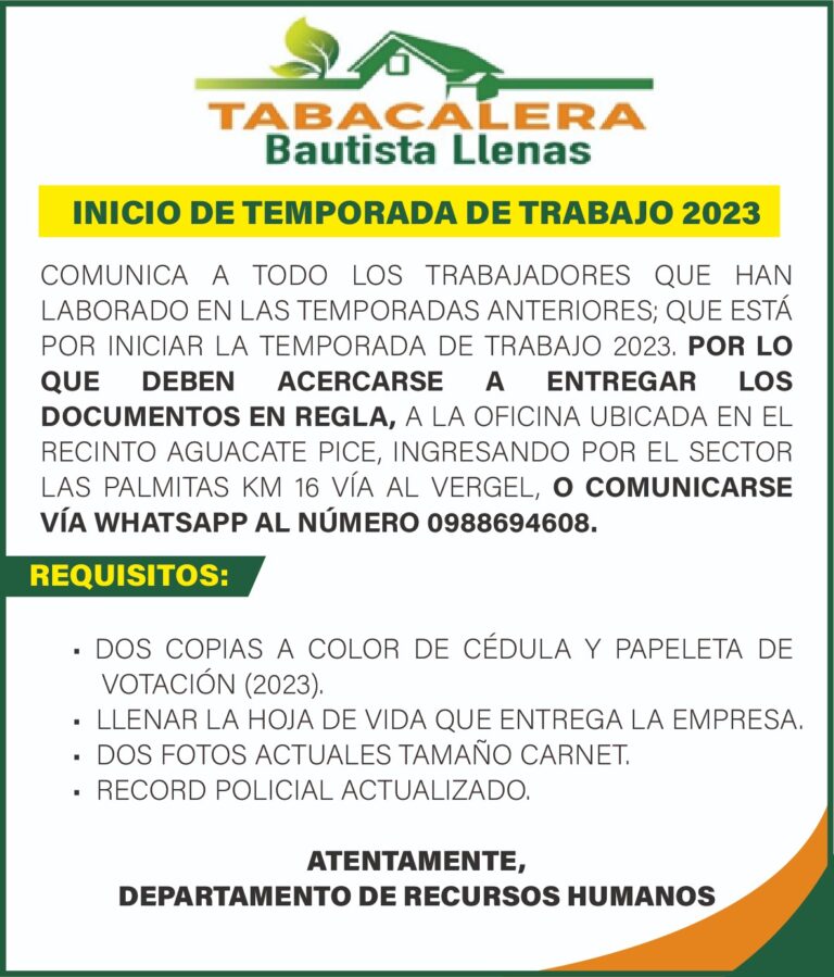 CONVOCATORIA INICIO DE TEMPORADA 2023 DE LA TABACALERA BAUTISTA LLENAS