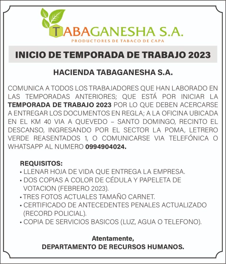 CONVOCATORIA DE TABAGANESHA S.A.: INICIO DE TEMPORADA 2023