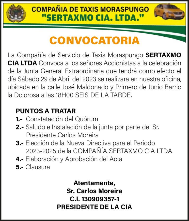 CONVOCATORIA DE LA COMPAÑIA DE TAXIS MORASPUNGO “SERTAXMO XIA. LTDA.”