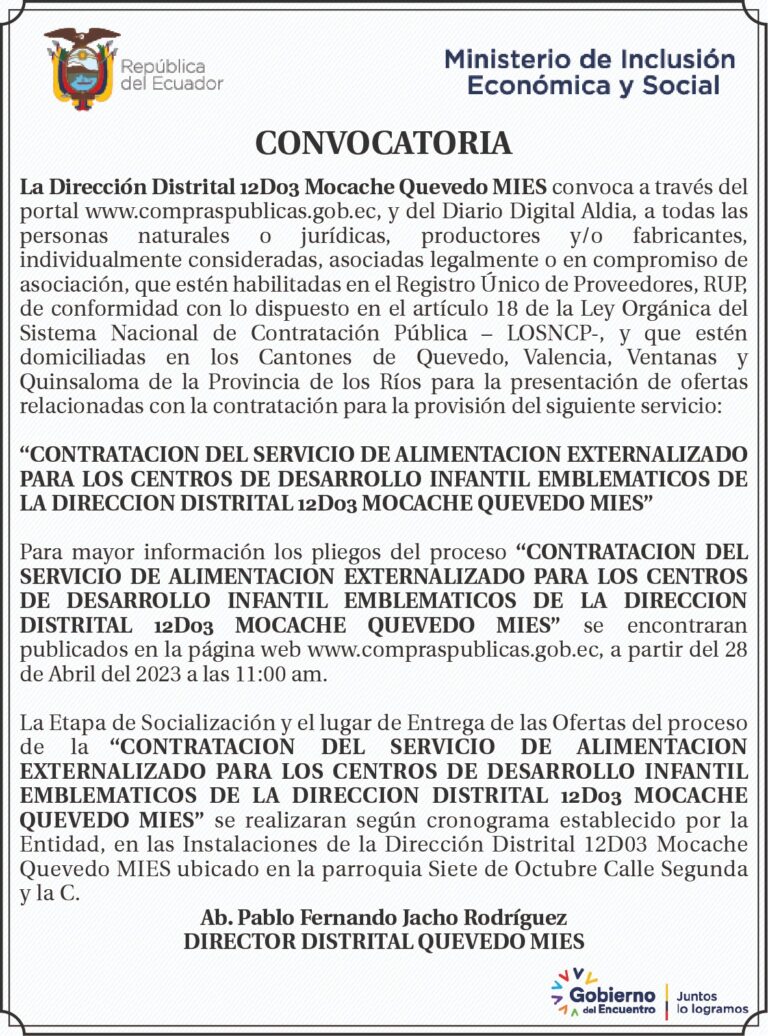 CONVOCATORIA DE LA DIRECCION DISTRITAL 12D03 MOCACHE-QUEVEDO MIES