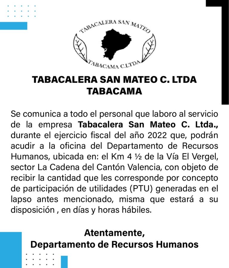 CONVOCATORIA DE LA TABACALERA SAN MATEO C. LTDA