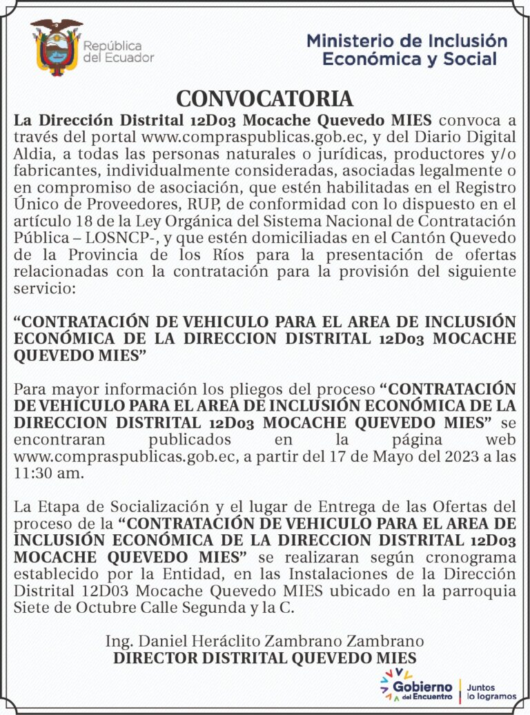 CONVOCATORIA DE LA DIRECCIÓN DISTRITAL 12D03 MOCACHE QUEVEDO MIES