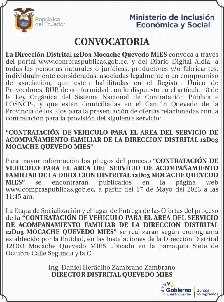 CONVOCATORIA DE LA DIRECCIÓN DISTRITAL 12D03 MOCACHE QUEVEDO MIES