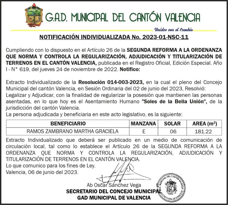 NOTIFICACION INDIVIDUALIZADA GADM VALENCIA No.2023-01-NSC-11