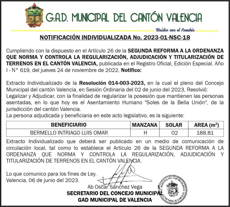 NOTIFICACION INDIVIDUALIZADA GADM VALENCIA No.2023-01-NSC-18