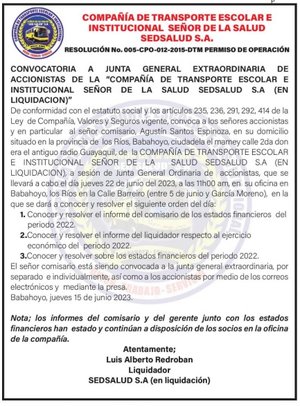 CONVOCATORIA DE LA COMPAÑIA DE TRANSPORTE ESCOLAR E INSTITUCIONAL SEÑOR DE LA SALUD SEDSALUD S.A.