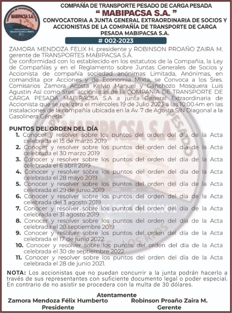 CONVOCATORIA DE LA COMPAÑIA DE TRANSPORTES DE PESADO DE CARGA PESADA MABIPACSA S.A