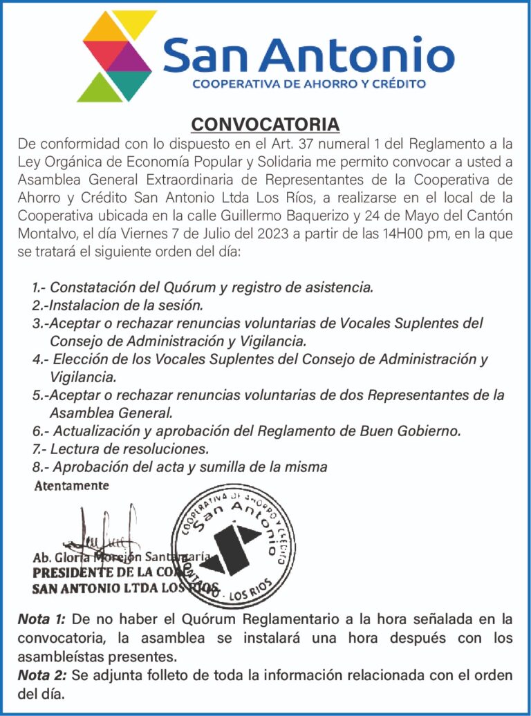 CONVOCATORIA DE LA COOPERATIVA DE AHORRA Y CREDITO SAN ANTONIO