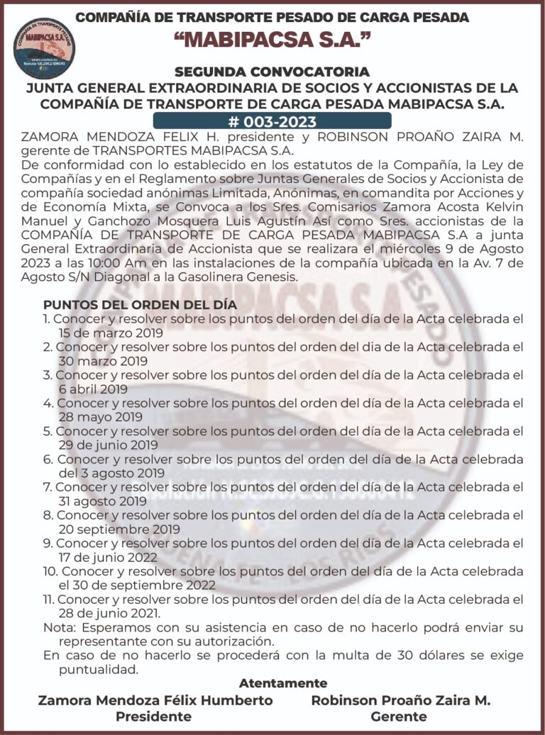 CONVOCATORIA DE LA COMPAÑIA DE TRANSPORTE PESADO DE CARGA PESADA “MABIPACSA S.A.”