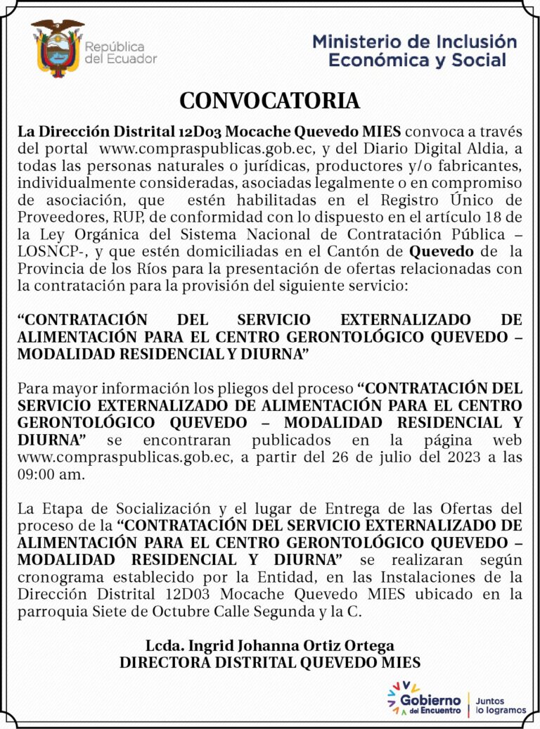 CONVOCATORIA DE LA DIRECCIÓN DISTRITAL 12D03 MOCACHE QUEVEDO MIES