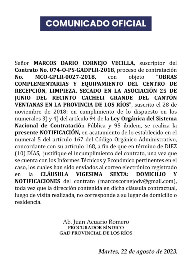 COMUNICADO OFICIAL PREFECTURA DE LOS RIOS