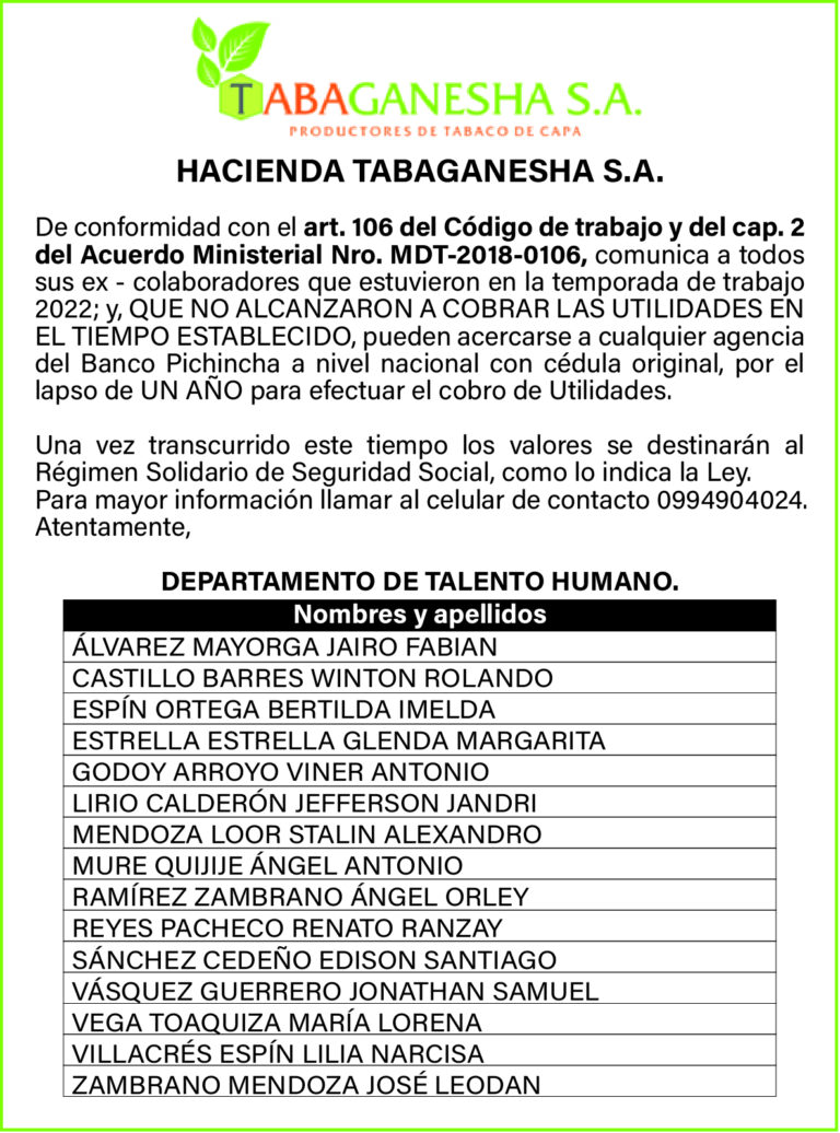 CONVOCATORIA PAGO DE UTILIDADES 2022