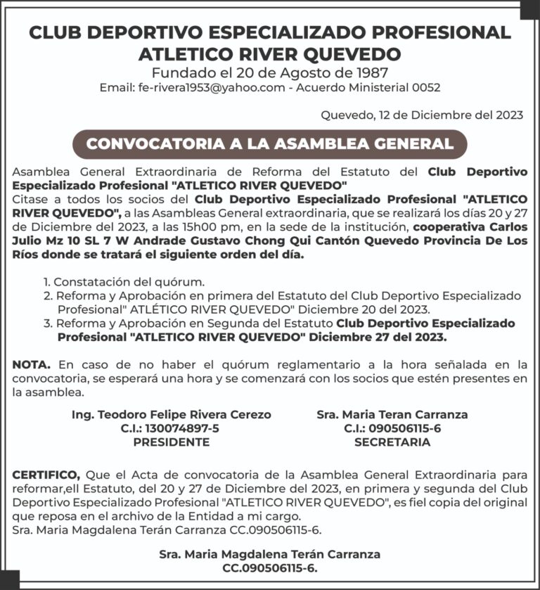 CONVOCATORIA CLUB DEPORTIVO ESPECIALIZADO PROFESIONAL ATLETICO RIVER QUEVEDO