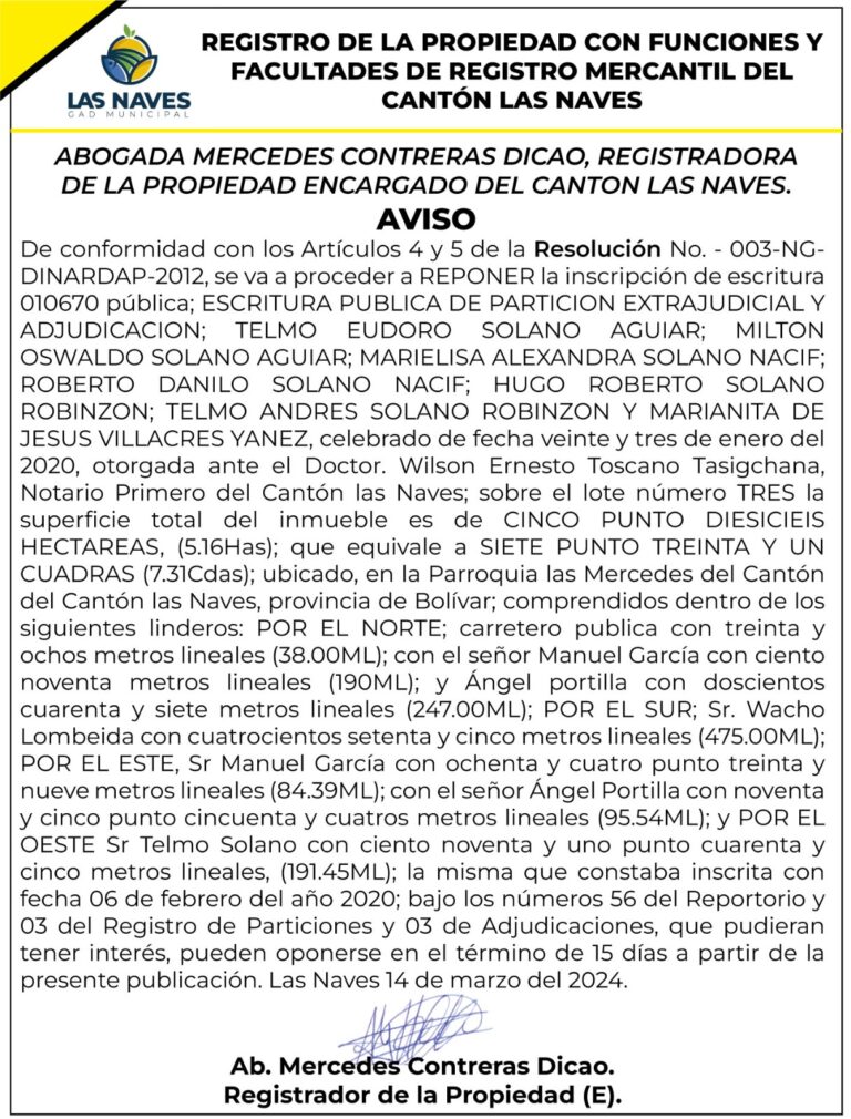 Notificación: Registro de la Propiedad y Mercantil del cantón Las Naves Resolución No- 003-NG-DINARDAP-2012