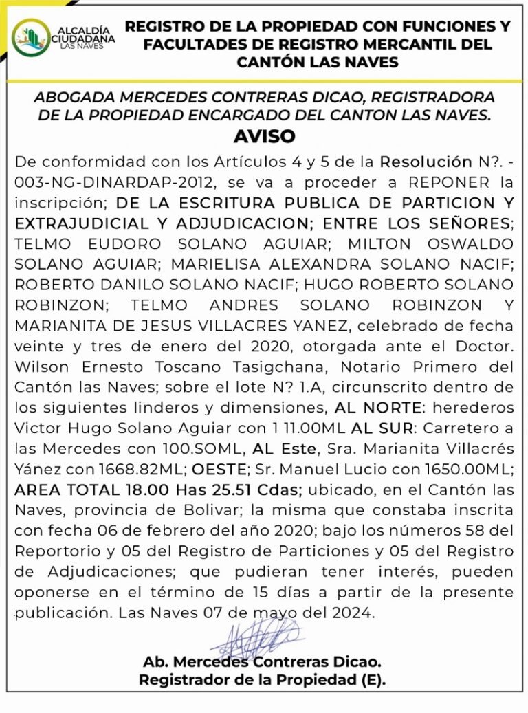 REGISTRO DE LA PROPIEDAD CON FUNCIONES Y FACULTADES DE REGISTRO MERCANTIL DEL CANTÓN LAS NAVES RESOLUCIÓN N. 003-NG-DINARDAP 2012 – REF.0000121