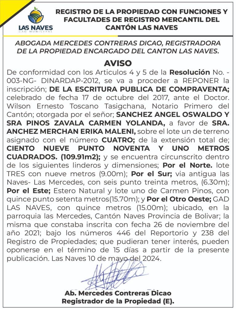 REGISTRO DE LA PROPIEDAD CON FUNCIONES Y FACULTADES DE REGISTRO MERCANTIL DEL CANTÓN LAS NAVES RESOLUCIÓN N. 003-NG-DINARDAP 2012 – REF.0000170