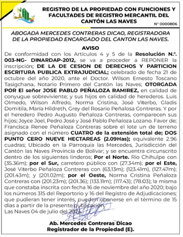 REGISTRO DE LA PROPIEDAD CON FUNCIONES Y FACULTADES DE REGISTRO MERCANTIL DEL CANTÓN LAS NAVES RESOLUCIÓN N. 003-NG-DINARDAP 2012 – REF.0000806